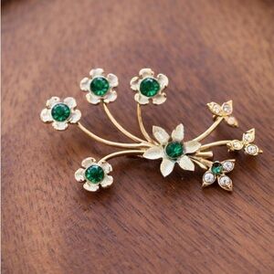 Vintage Floral Spray Brooch | Green Rhinestone Flowers & Accent Leaves